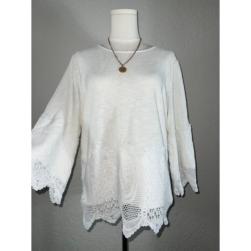 Boho Crochet Lace Hem Bell Sleeve Blouse Ivory Textured Knit 100% Cotton